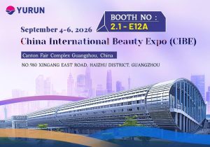 China Beauty Expo 2026 invitation – Foshan Yurun OEM/ODM Hygiene Solutions. Booth No. 2.1-E12A. Event dates: September 4–6, 2026. Venue: China Import and Export Fair Complex, Guangzhou. Featuring sanitary napkins and personal hygiene products.